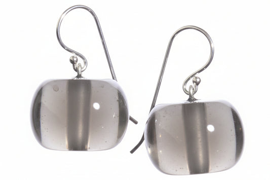 A pair of round lucite-encased earrings with a short drop design, featuring a reflective surface.