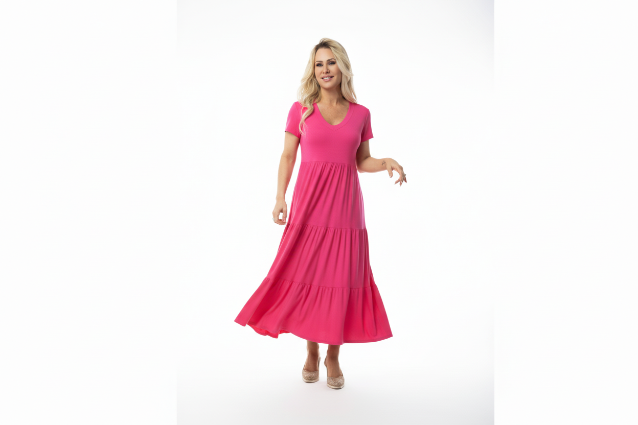 Woman wearing a pink dress on a white background