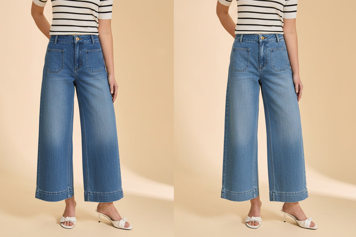 Person wearing blue wide-leg jeans and a striped shirt on a beige background