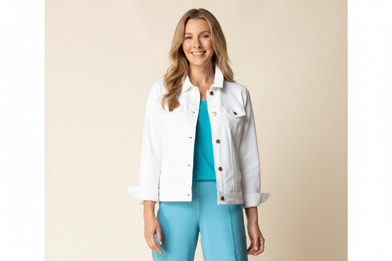 Woman wearing a WHITE denim jacket and pants on a beige background
