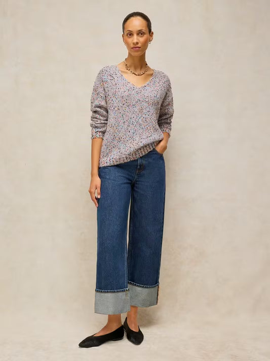 White Stuff Texture V Neck Sweater Light Natural - Model Front