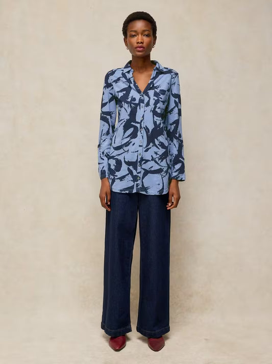 White Stuff Annie Longline Shirt Blue Print - Model Front