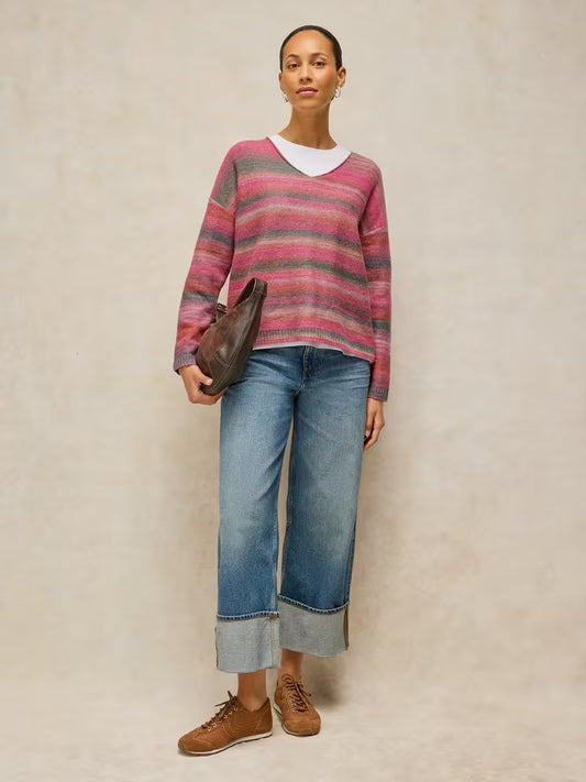 White Stuff Spacedye V Neck Sweater Pink Multi - Model Front