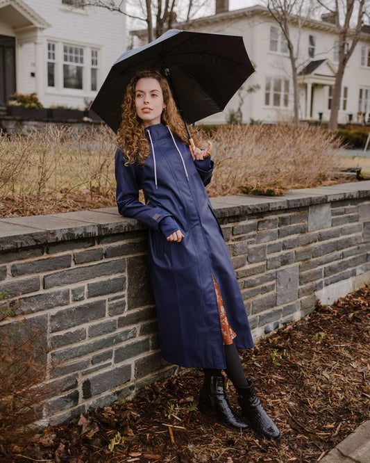 Mernini Long Raincoat in Midnight Blue, Suttles & Seawinds, Mahone Bay, Nova Scotia