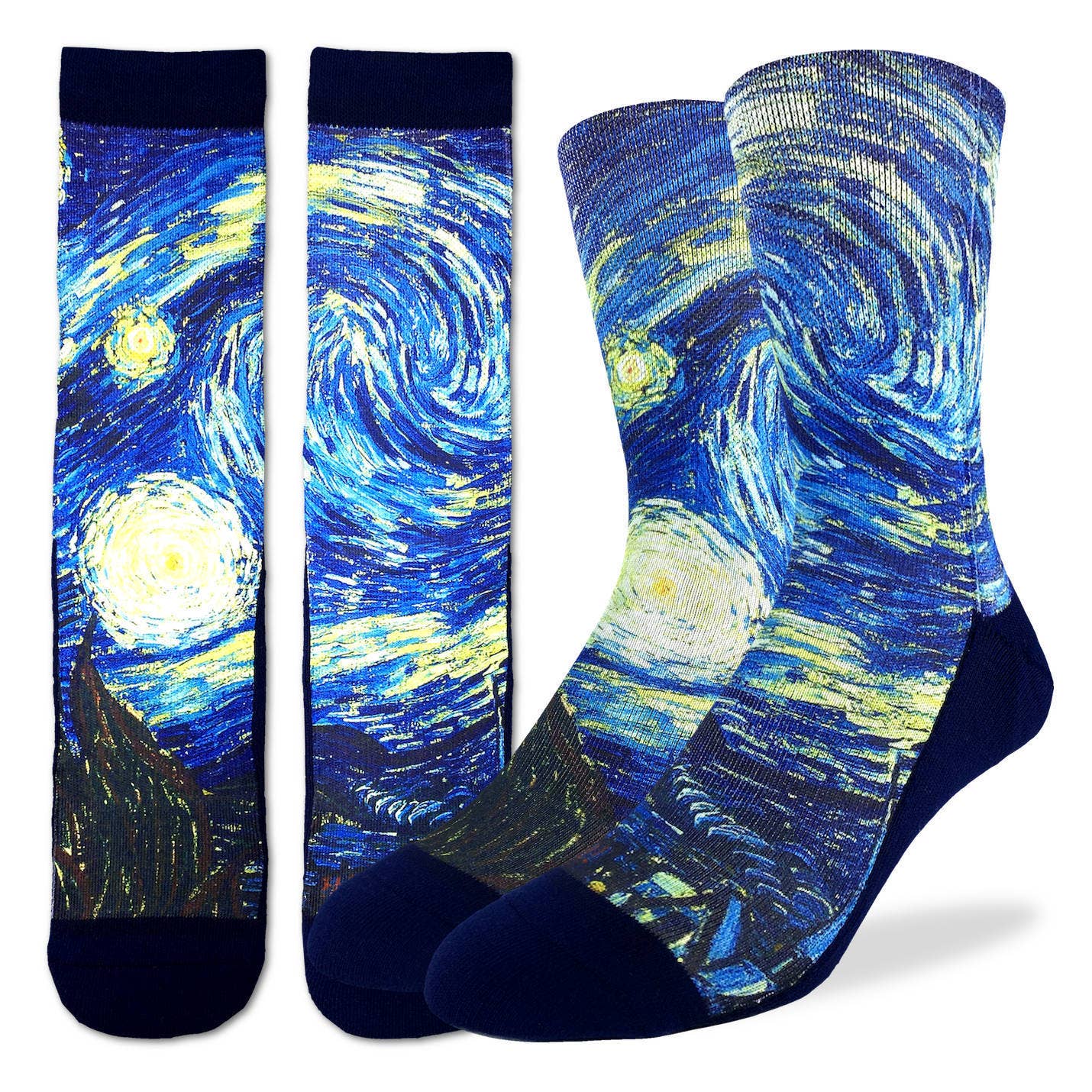 Pair of socks with 'Starry Night' design on a white background
