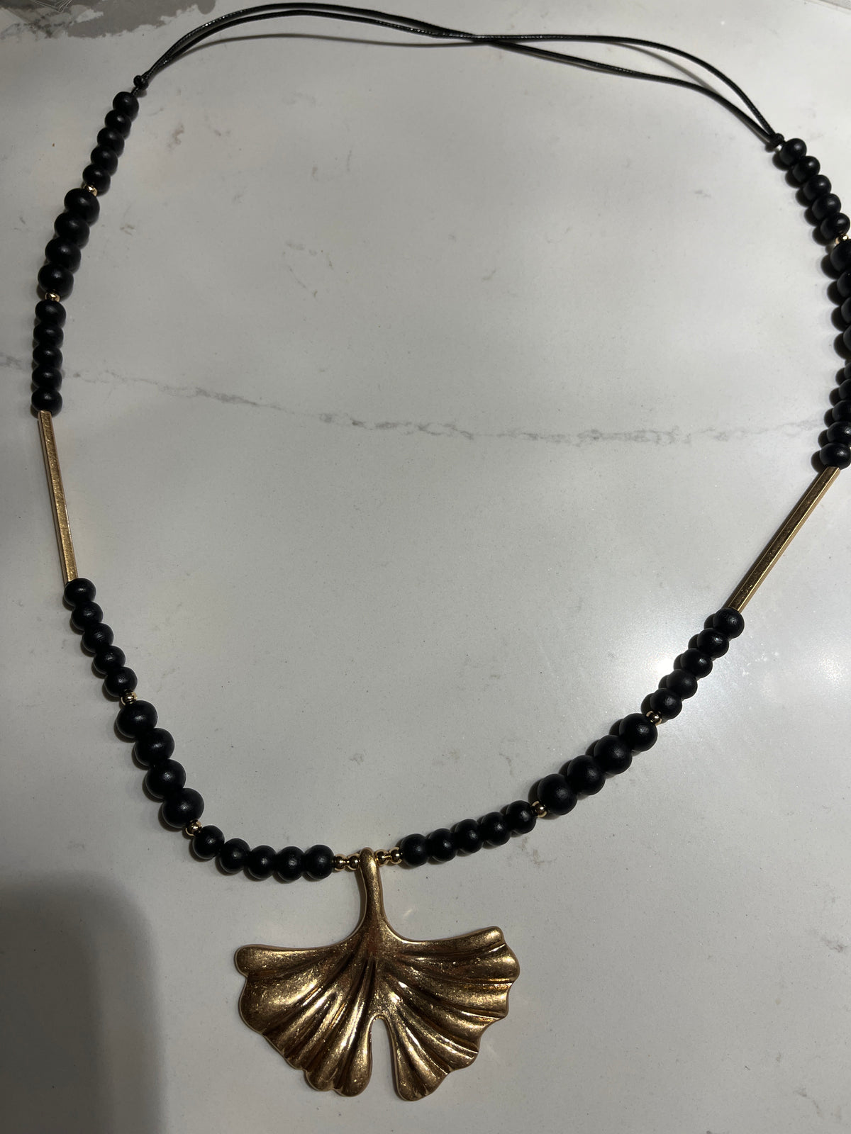 Studio Necklace with glass bead & statement Ginko Leaf Pendant