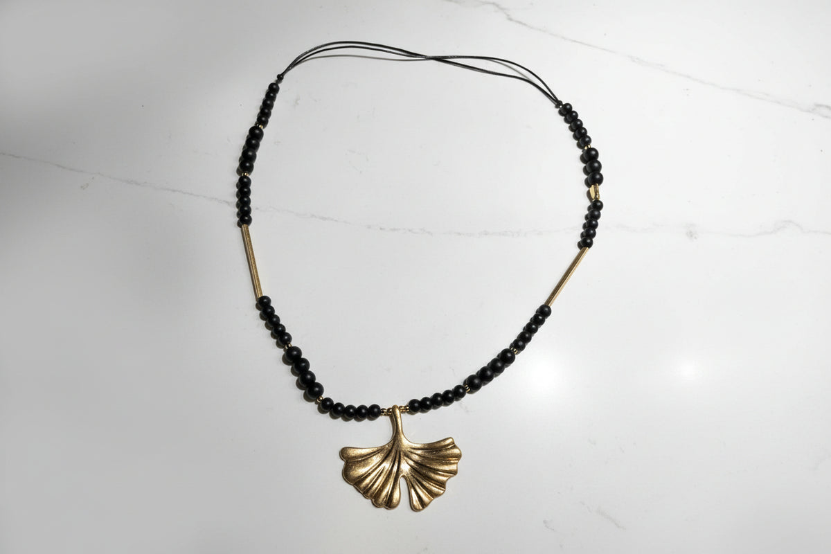 Studio Necklace with glass bead & statement Ginko Leaf Pendant