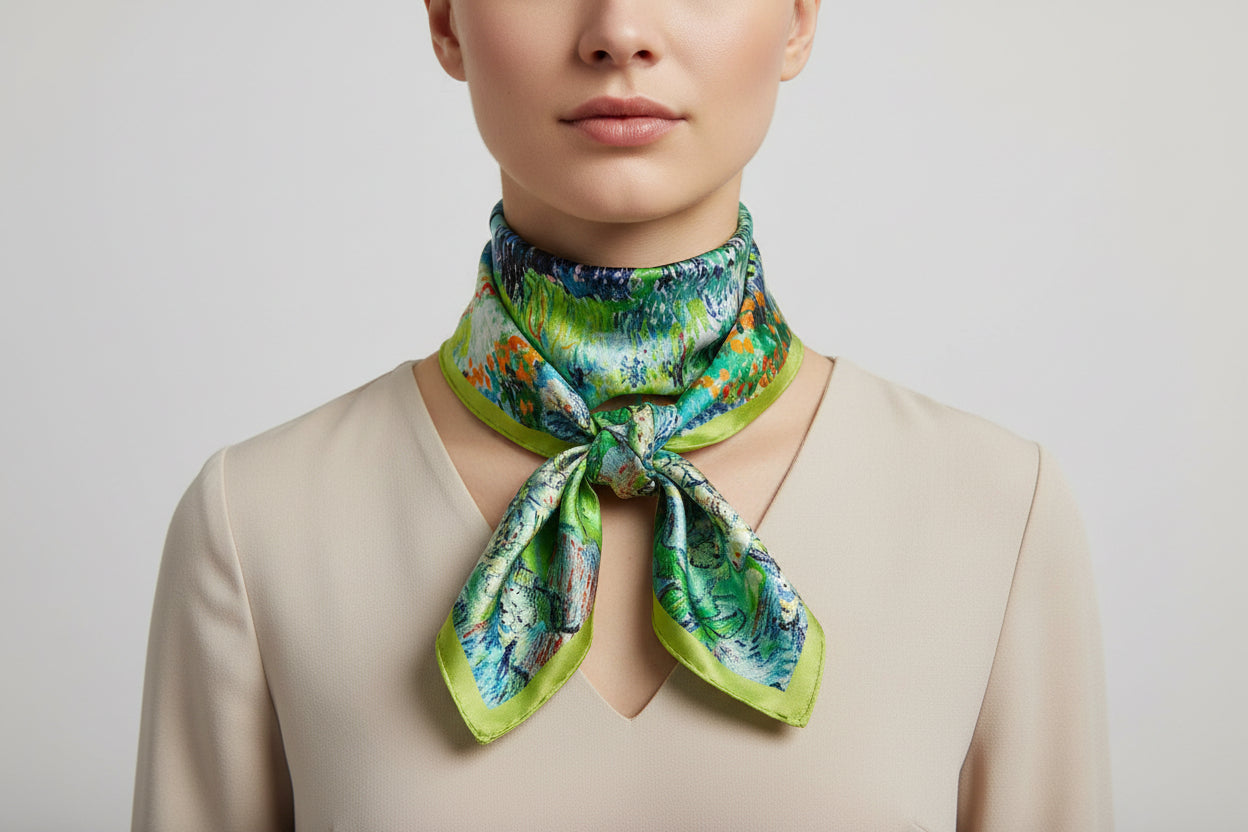 Colorful scarf with floral and landscape design on a woman