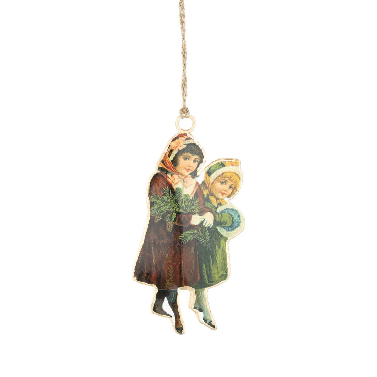 Vintage Transfer on Metal Ornament 2 Girls