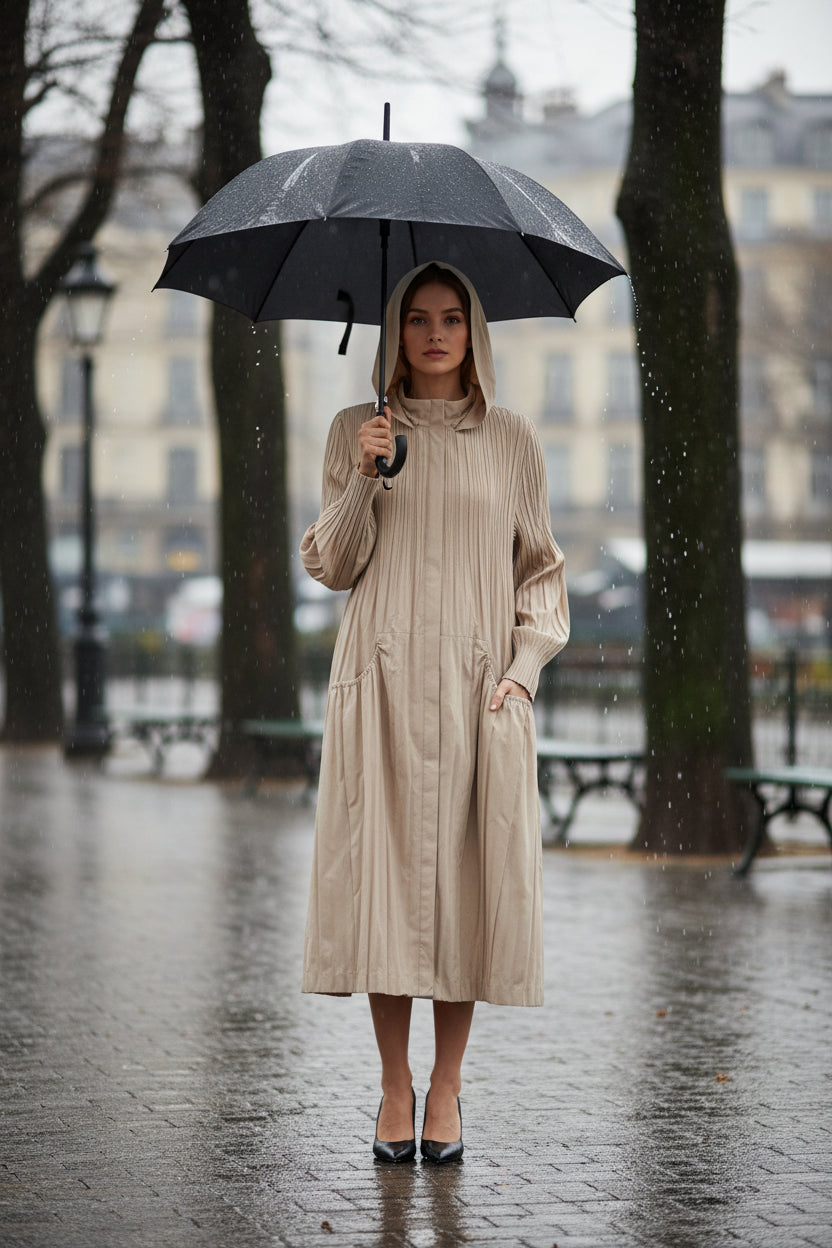 Beige pleated dress with a hood on a white background