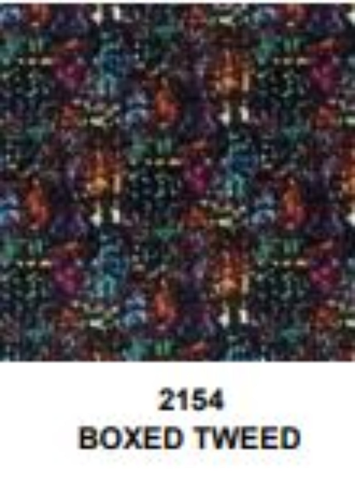 Patterned fabric swatch labeled '2154 Boxed Tweed' with a multicolor design.