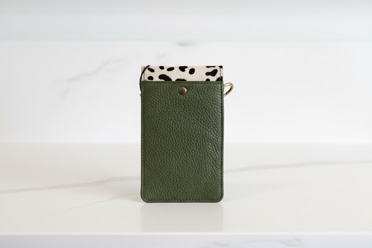 Green leather phone case with a leopard print flap rear side view