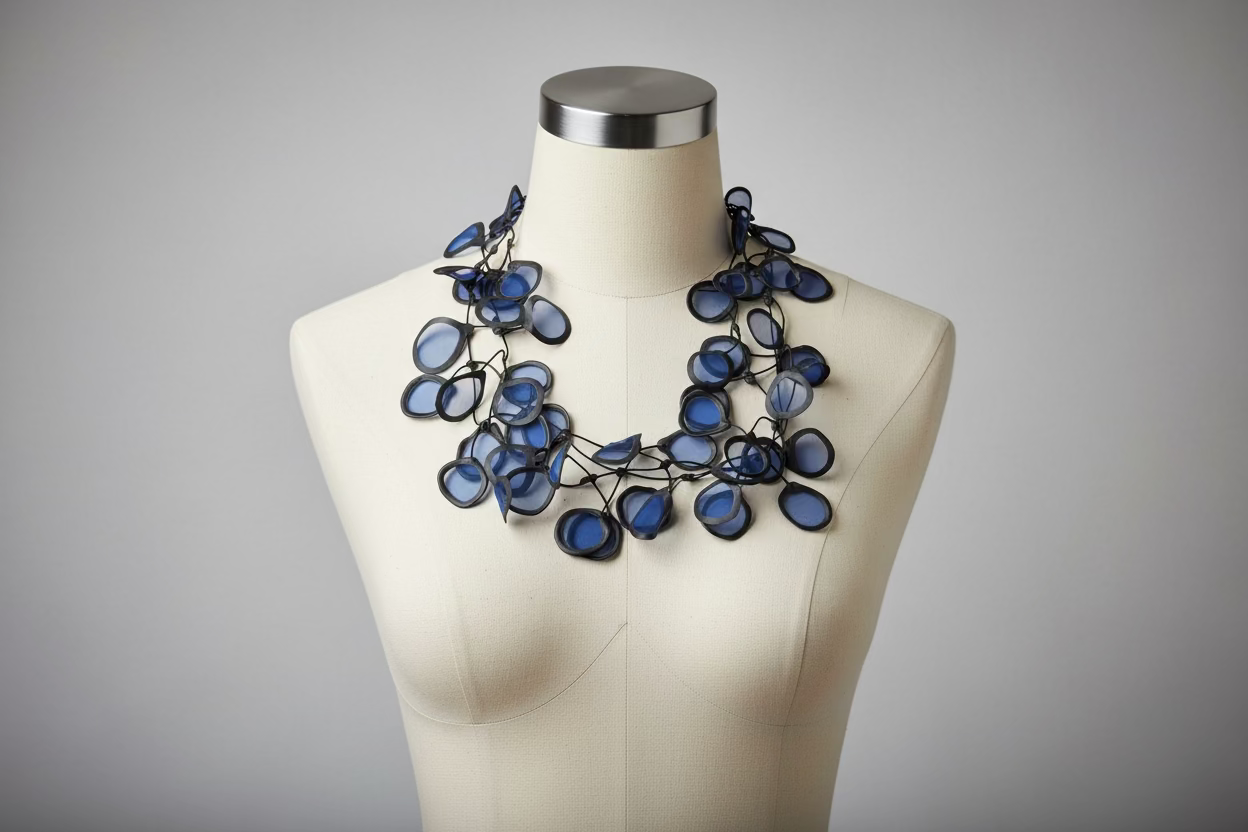 String of blue necklace made of transparent fabric and rubber