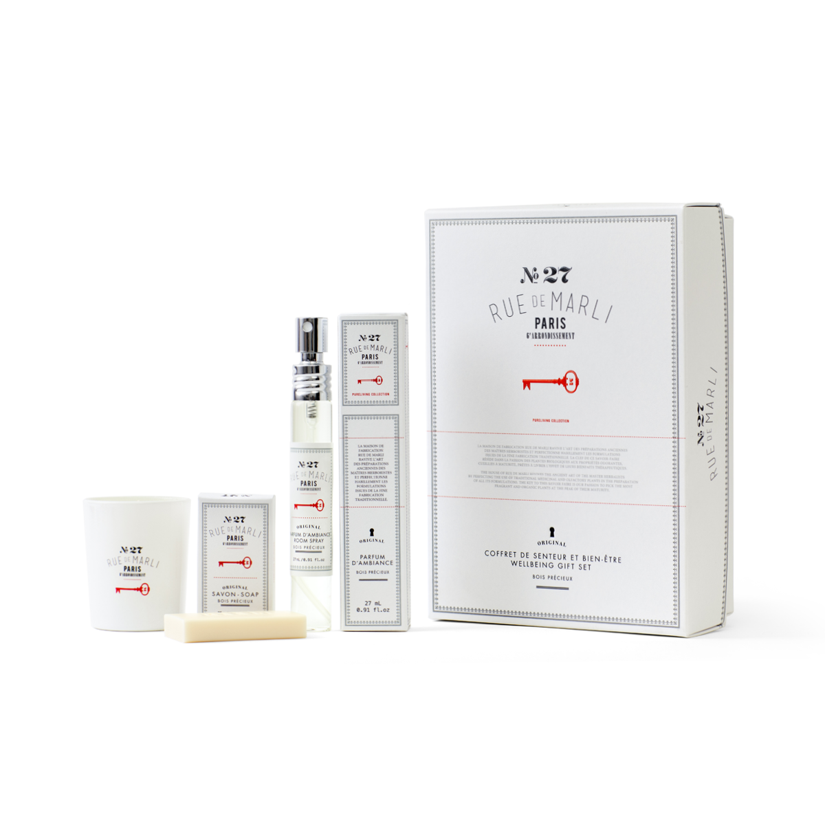 Rue de Marli N°27 Bois Précieux wellbeing gift set with soap, soy candle and room spray