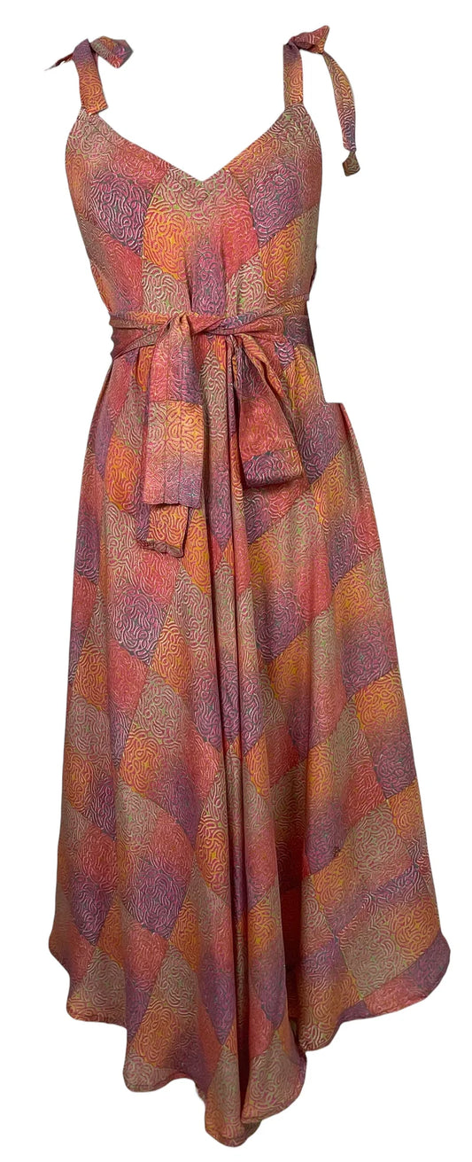 Square Print Silk Maxi Dress with Belt