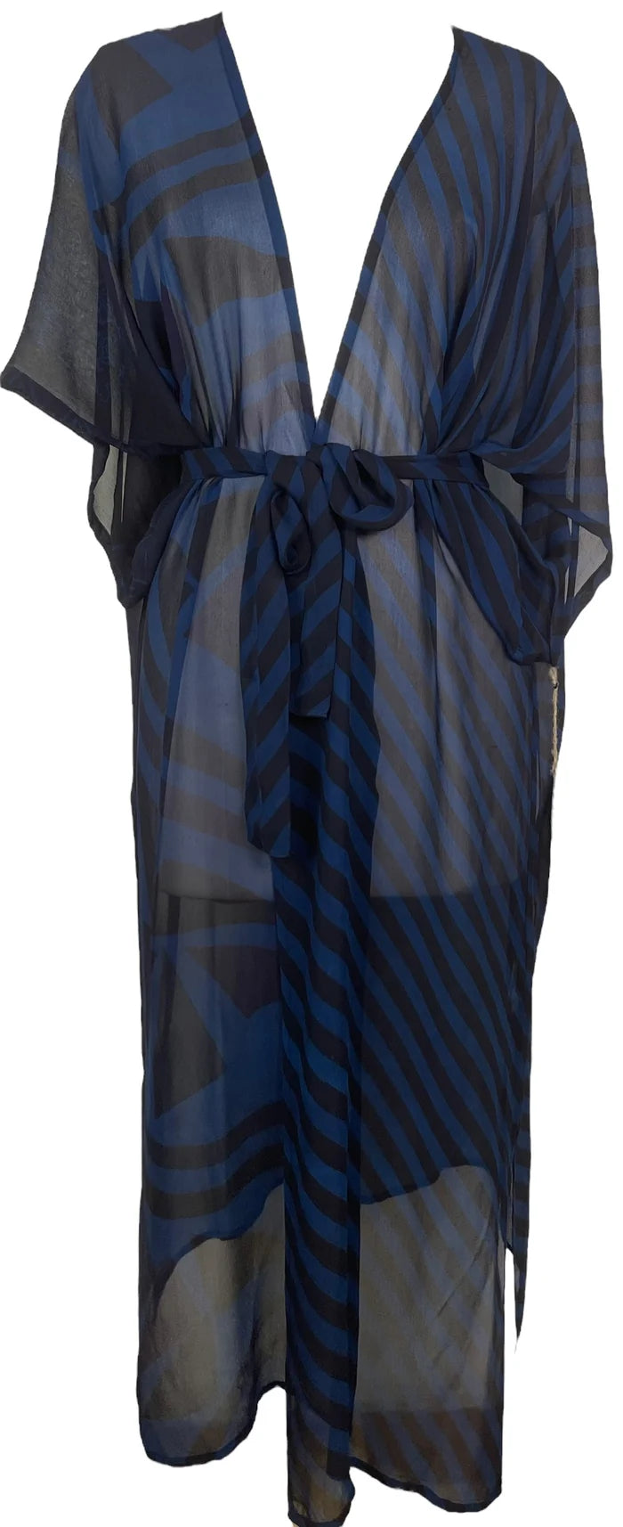 SHEER LONG SILK KIMONO SLEEVED DUSTER WITH BELT BLUE STRIPE