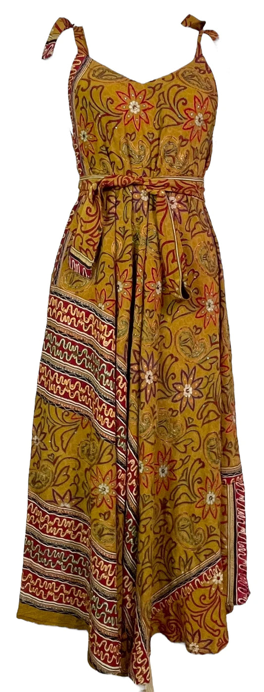 Embroidered Flower Pure Silk Maxi Dress with Belt