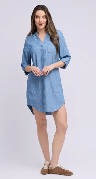 CHAMBRAY V-NECK DRESS
