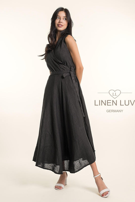 French Linen Beautiful Wrap Belt Maxi Dress - Suttles & Seawinds