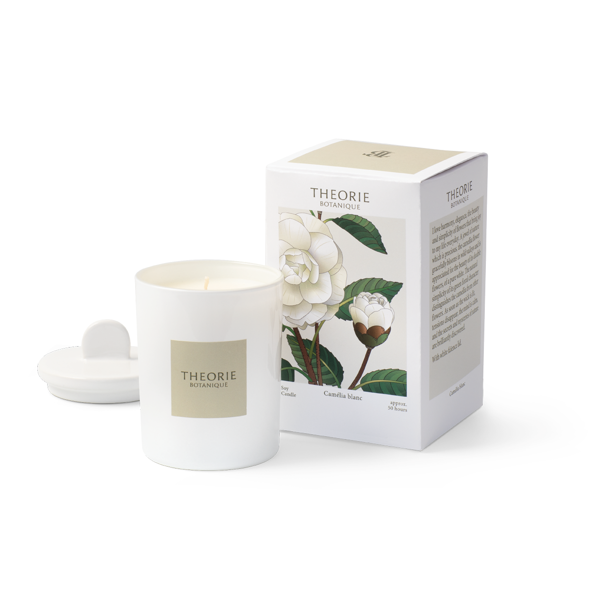 Theorie Botanique White Camellia soy candle with white faïence lid, 50 hours