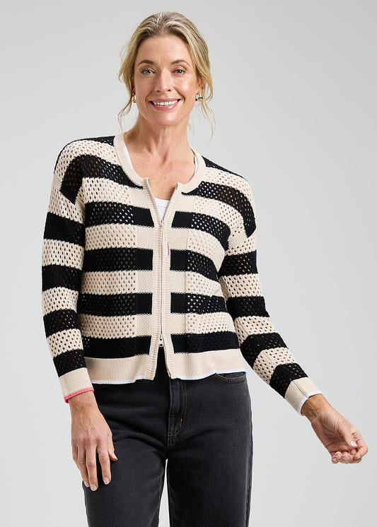 WIDE STRIPE POINTELLE ZIP CARDI
