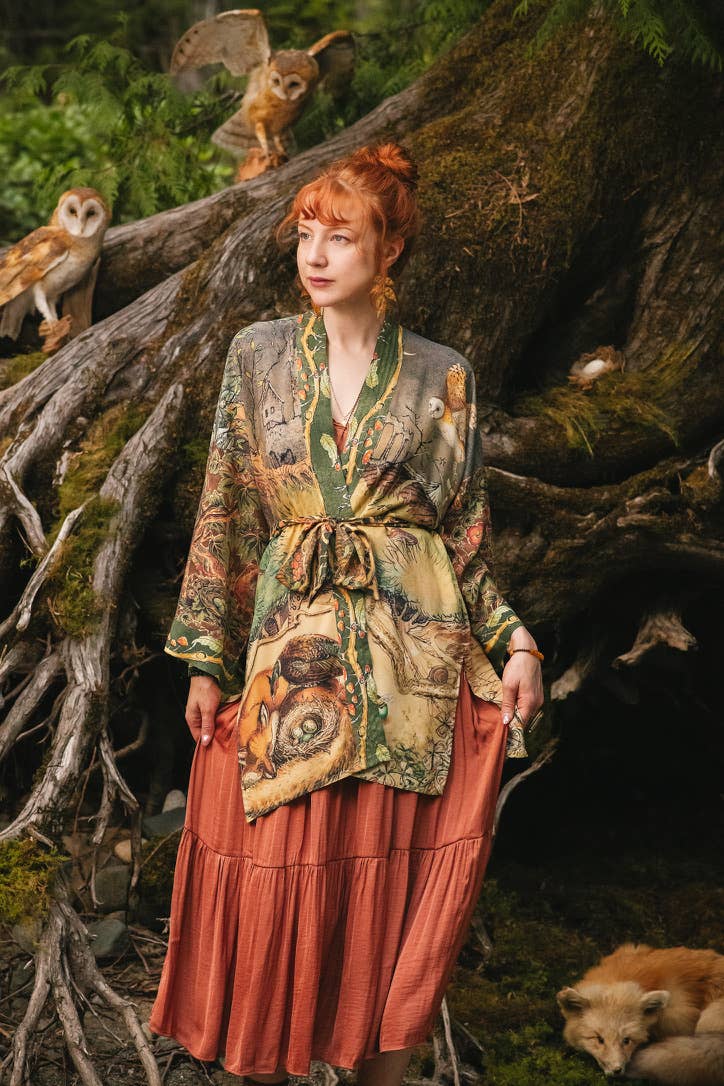 Woodland Wisdom Matinée Duster Kimono w/ Florals, Fox & Owl - Suttles & Seawinds