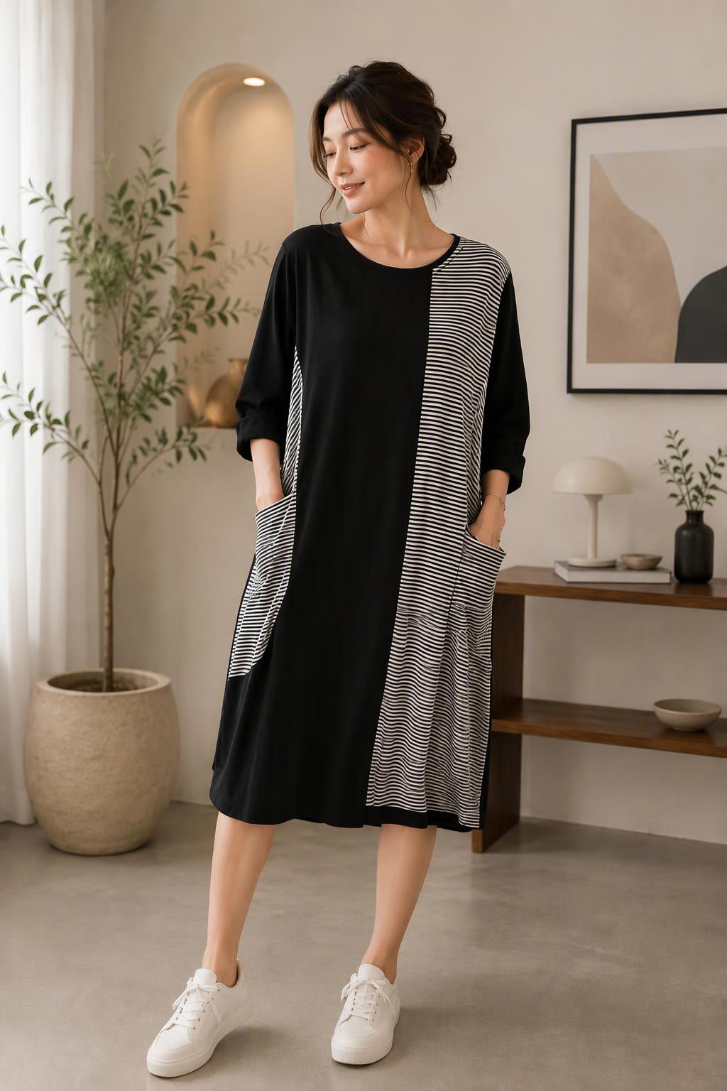 Striped side 2 pocked loose dress