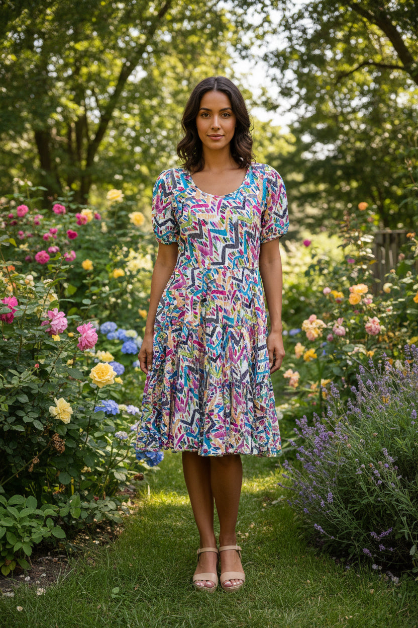 Woman in a colorful dress standing in a garden with flowers and trees.