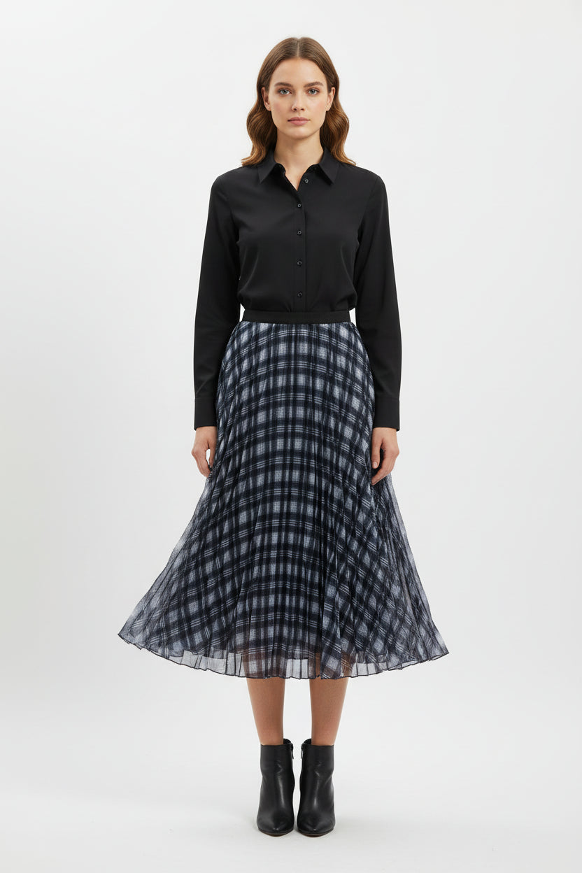Grey Black Burberry Plad Mesh Midi Skirt
