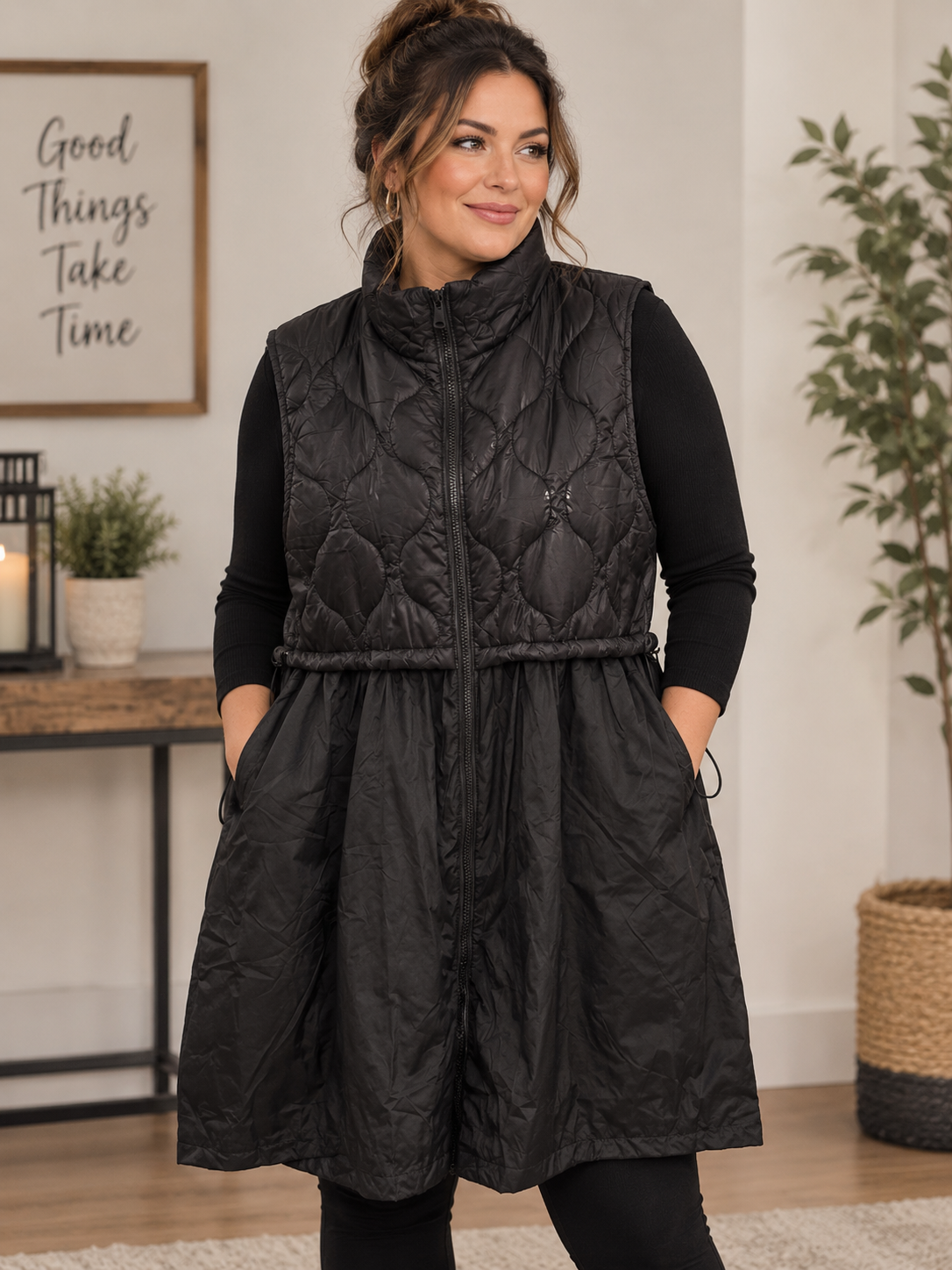 Crush Fabric long vest with quilted top