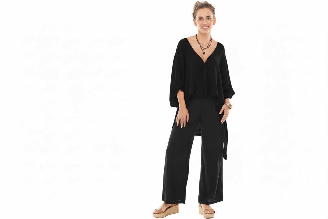 BLACK TOP WITH BLACK PANT , TIE FRONT AND LONGER LENGTH