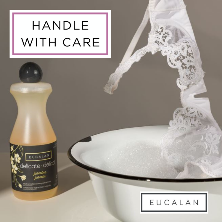 Bra going into a wash basin with a bottle of Eucalan delicate wash on the side. Text says "Handle with care".