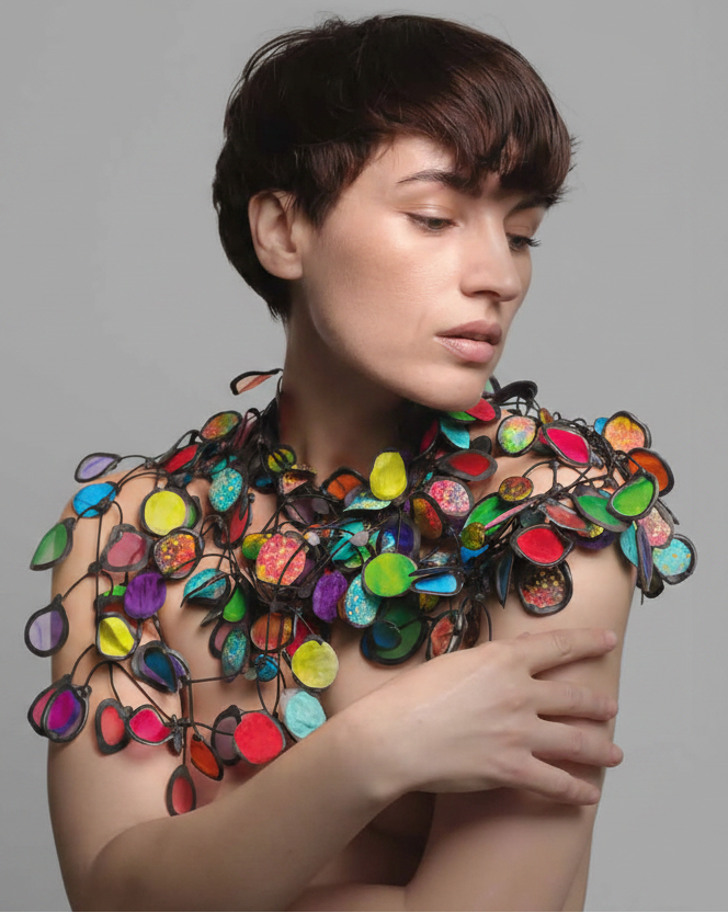 Annemieke Broenink woman's face surrounded by colorful necklaces