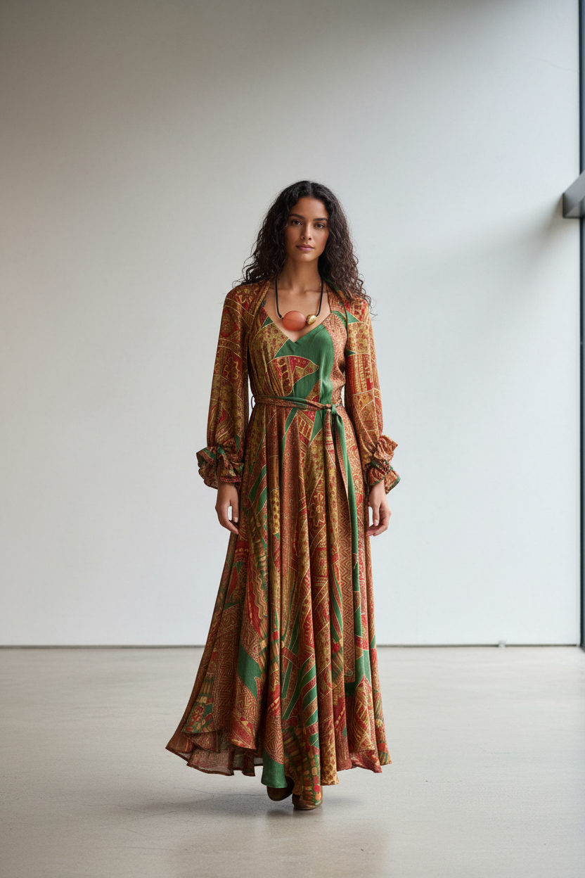 Model in Aztec Silk Maxi Dress and Bolero by sariKNOTsari at Suttles & Seawinds, Mahone Bay, Nova Scotia