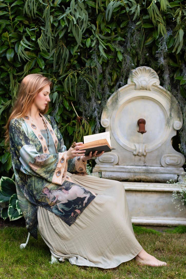 The Mythmaker Matinée Duster Kimono w/ landscape & unicorn - Suttles & Seawinds