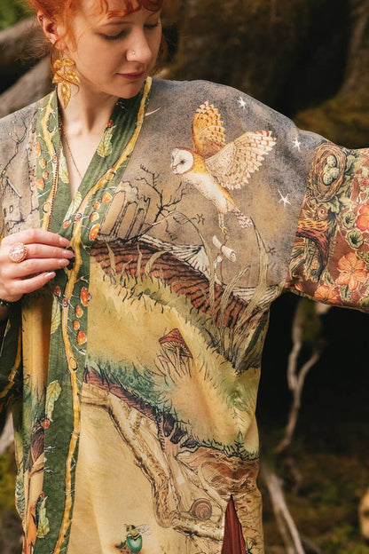 Woodland Wisdom Matinée Duster Kimono w/ Florals, Fox & Owl - Suttles & Seawinds