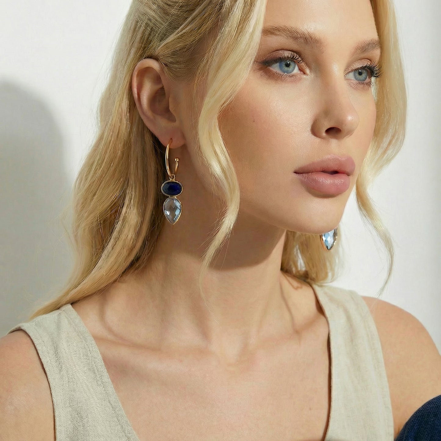 Sapphire Blue Crystal Oval & Teardrop Hoop Earrings