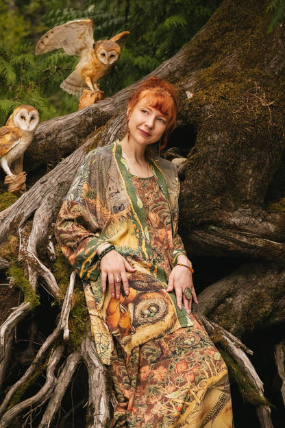 Woodland Wisdom Matinée Duster Kimono w/ Florals, Fox & Owl - Suttles & Seawinds