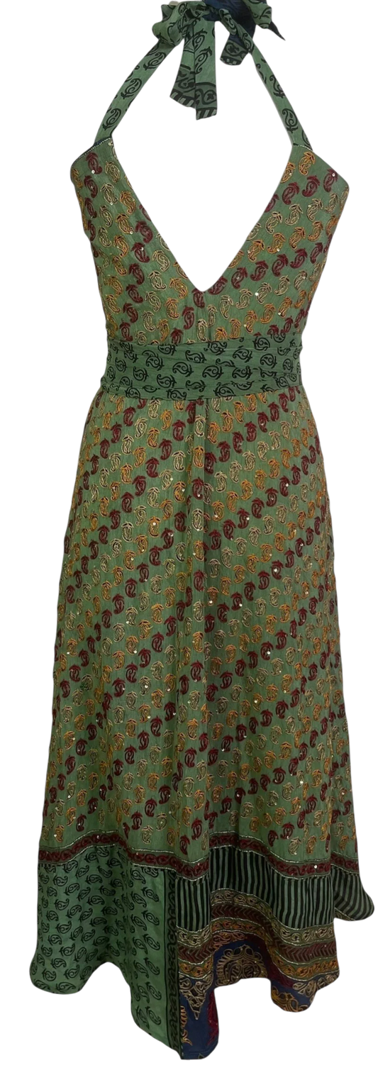 Embroidered Petal  Silk Maxi Dress with Belt