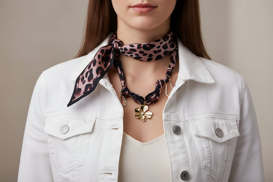 Leopard print scarf with a gold charm on a white background