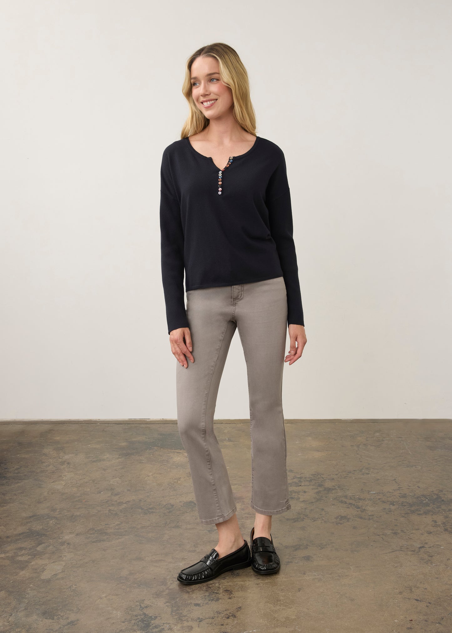 Notch Neck Rib Sleeve Sweater