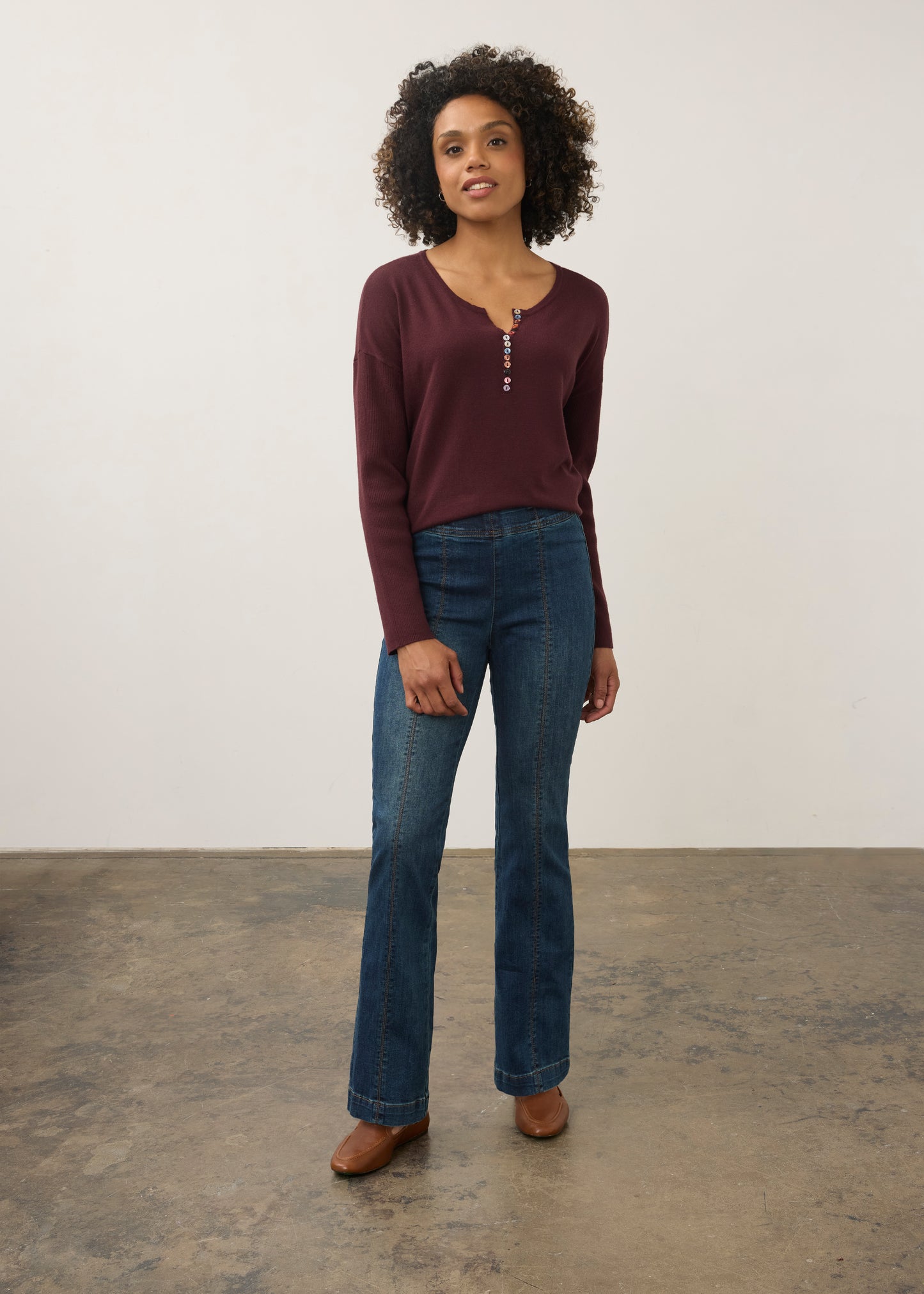 Notch Neck Rib Sleeve Sweater