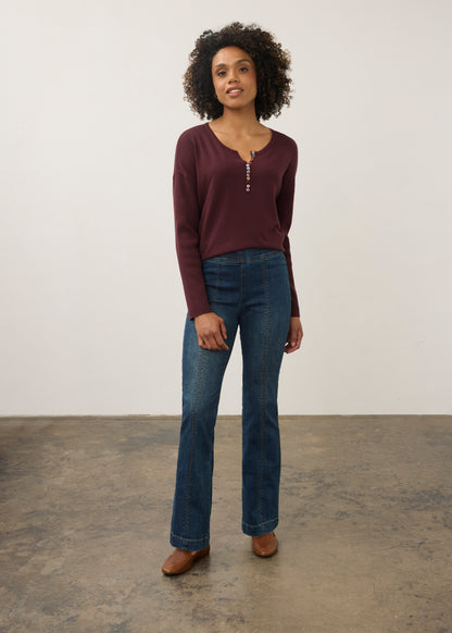 Notch Neck Rib Sleeve Sweater