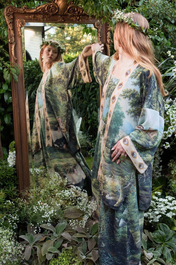 The Mythmaker Matinée Duster Kimono w/ landscape & unicorn - Suttles & Seawinds