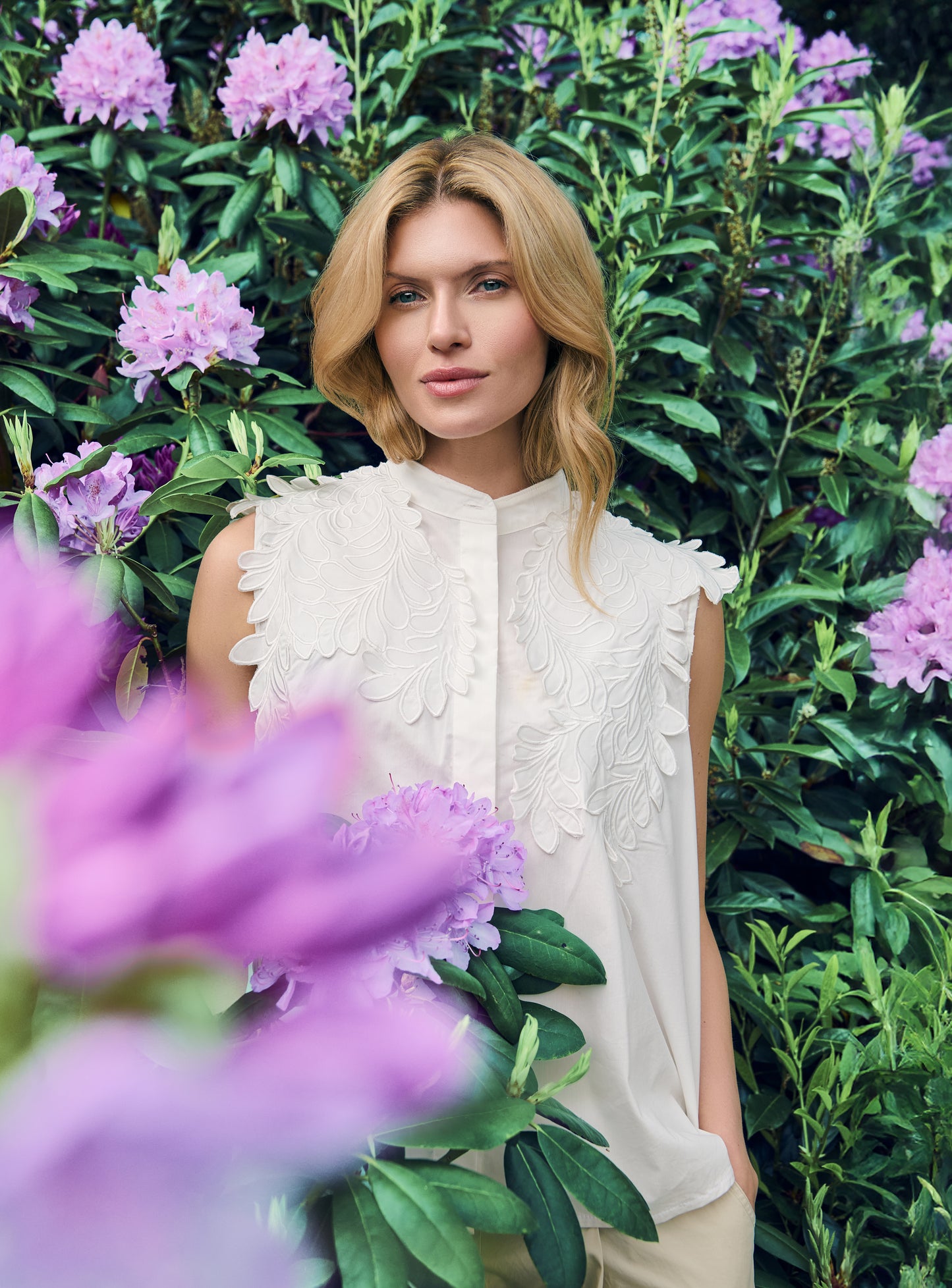 Sleeveless Embroidered Overlay Shirt