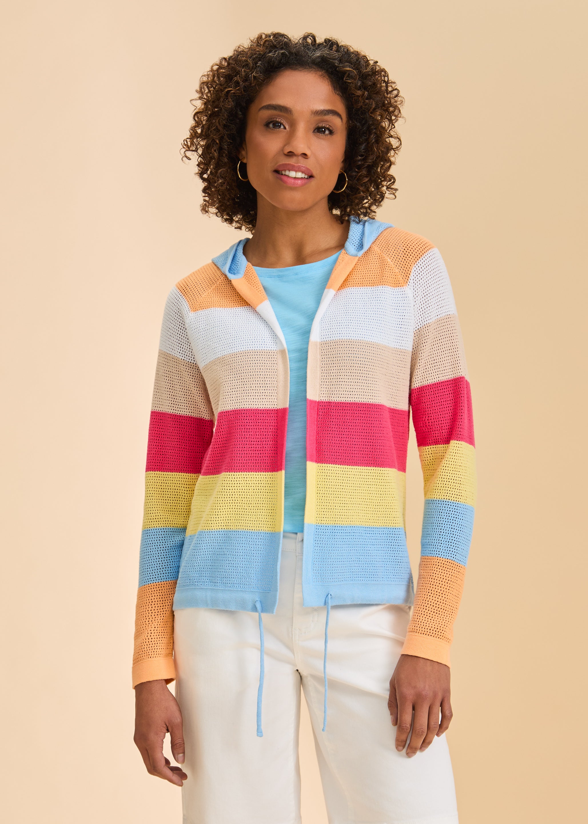 Stripes Sleeve Contrast Hooded Cardigan main image 1
