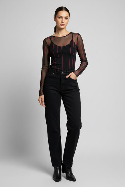 Flocked Stripe Mesh Top