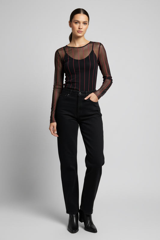 Flocked Stripe Mesh Top