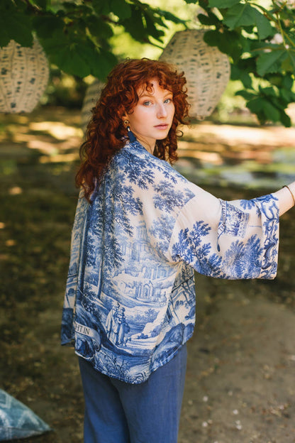 Let The Light In Pixie Duster Cropped Kimono w/ Delft Print - Suttles & Seawinds