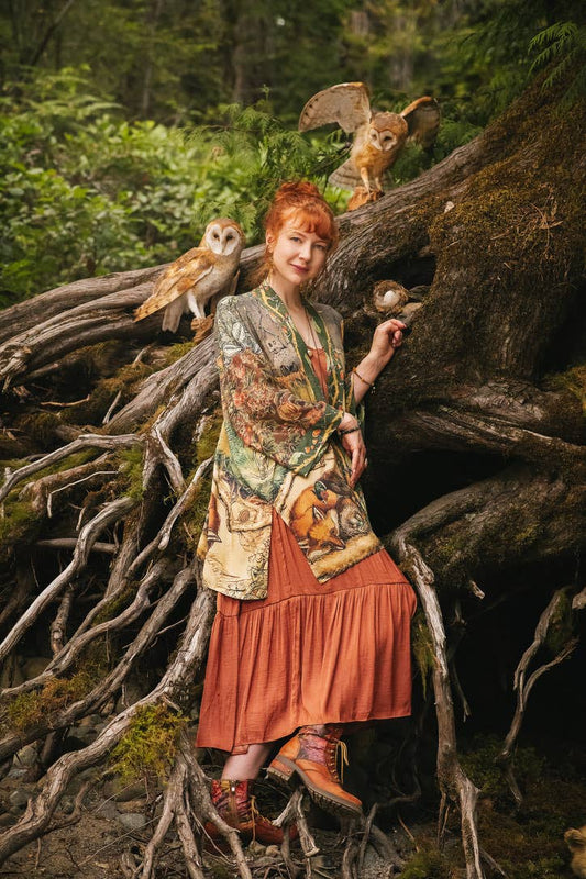 Woodland Wisdom Matinée Duster Kimono w/ Florals, Fox & Owl - Suttles & Seawinds